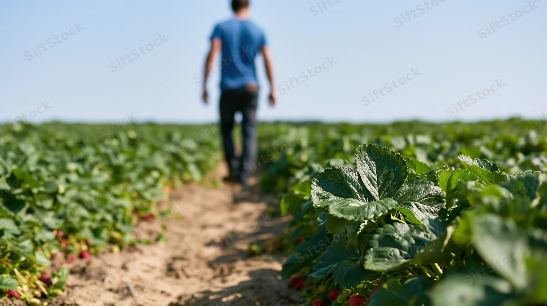 Farmer walking away down a row of strawberry plants in a field