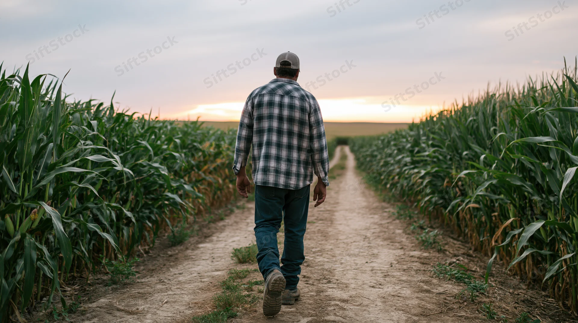 Farmer walking down dirt path between rows of cornfield at sunset