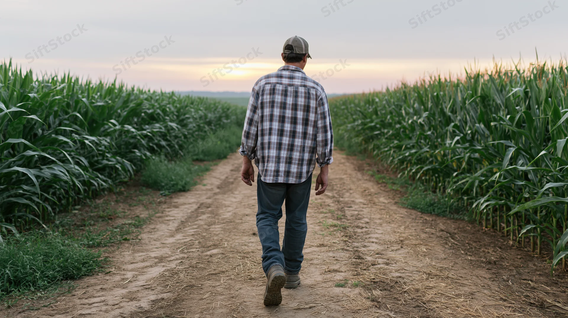 Farmer walking away down a dirt path between rows of corn in a field at sunset