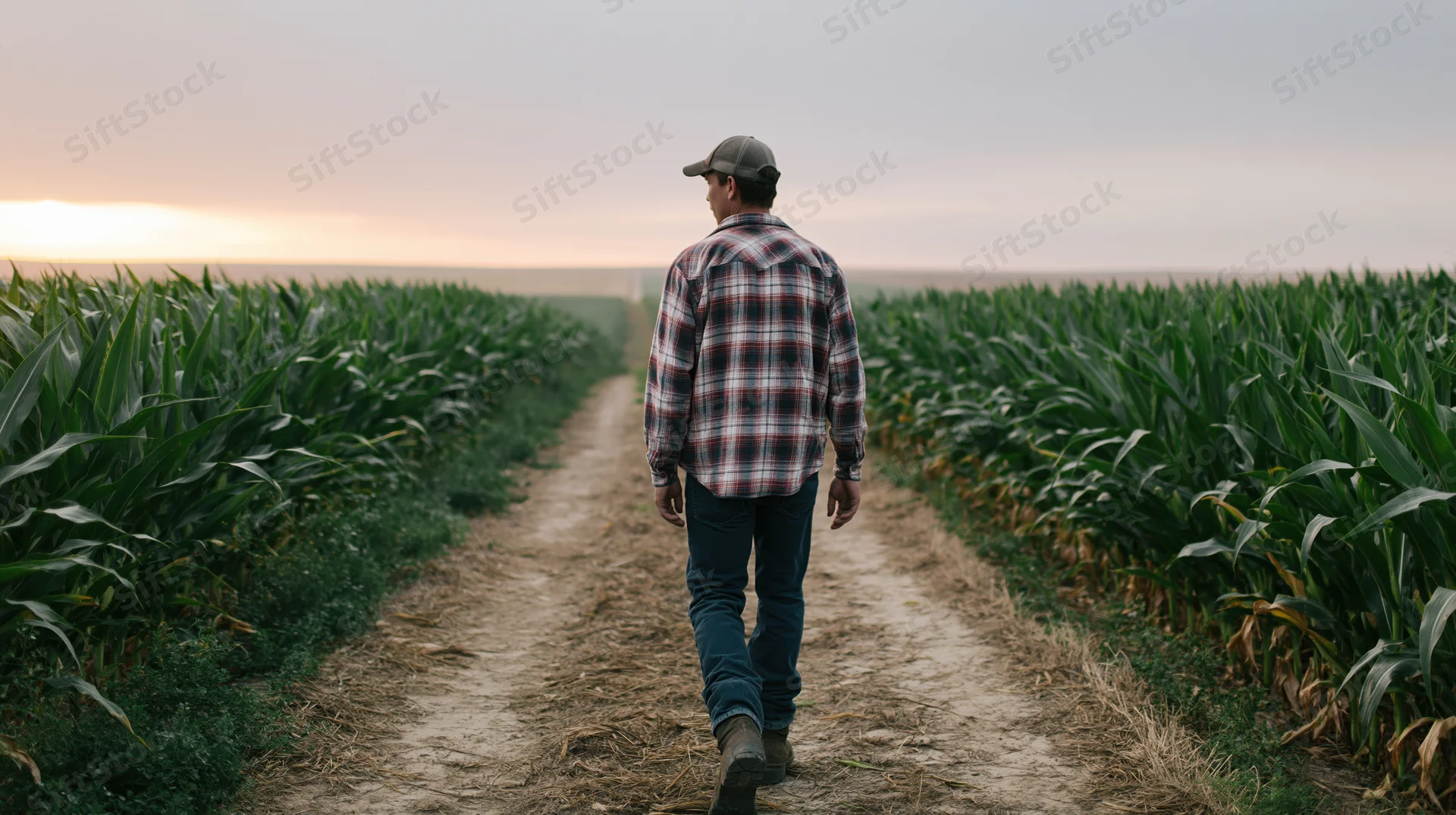 Farmer walking down dirt path between rows of cornfield at sunset