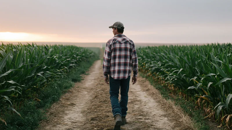 Farmer walking down dirt path between rows of cornfield at sunset