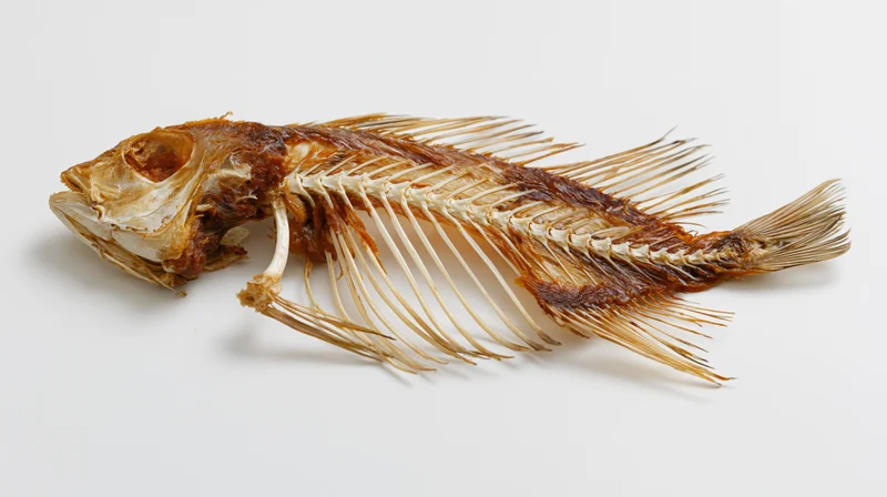 Dried fish skeleton with intact head and exposed bones lying flat on white background