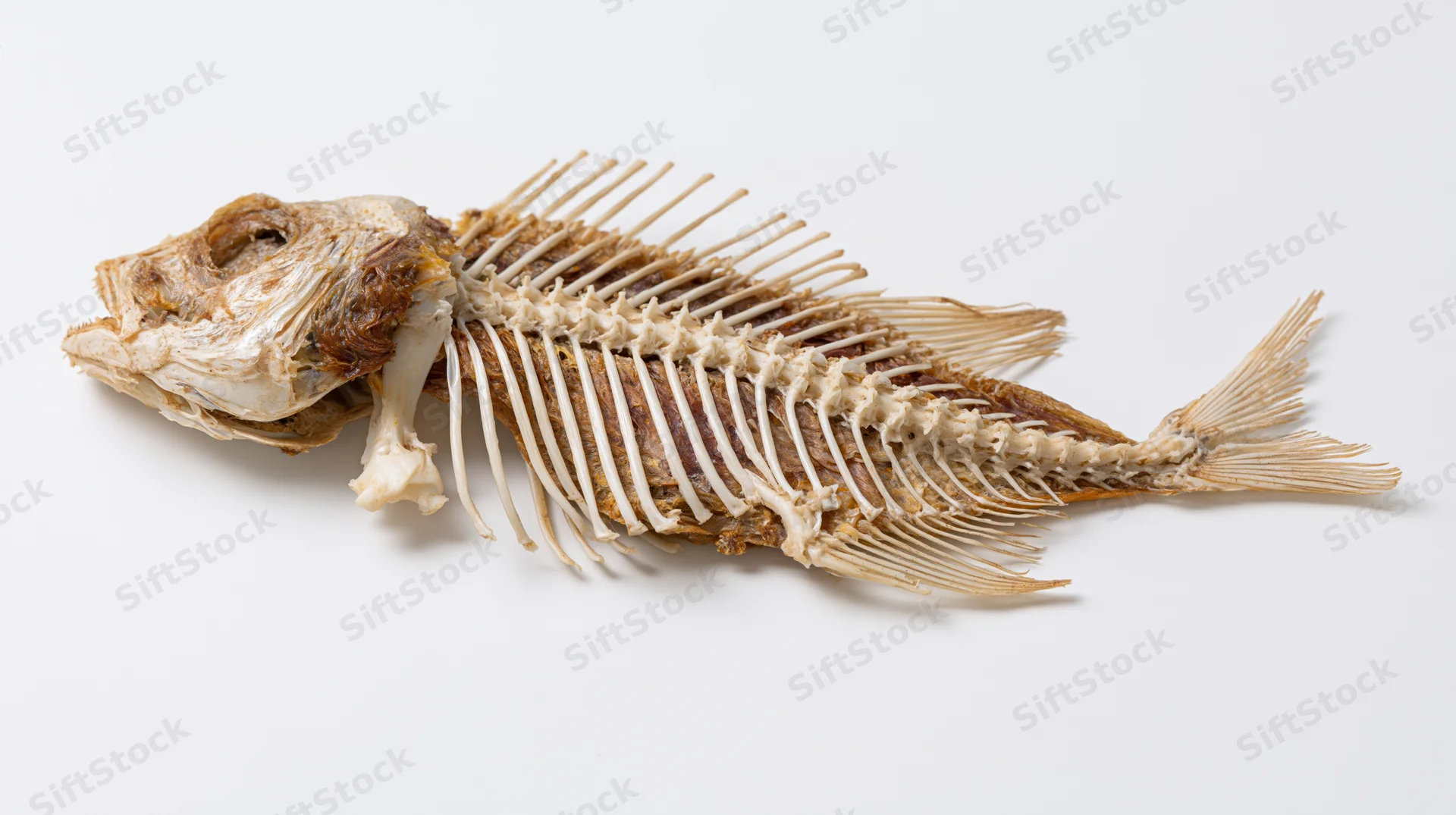 Dried fish skeleton with intact head and exposed bones lying flat on white surface