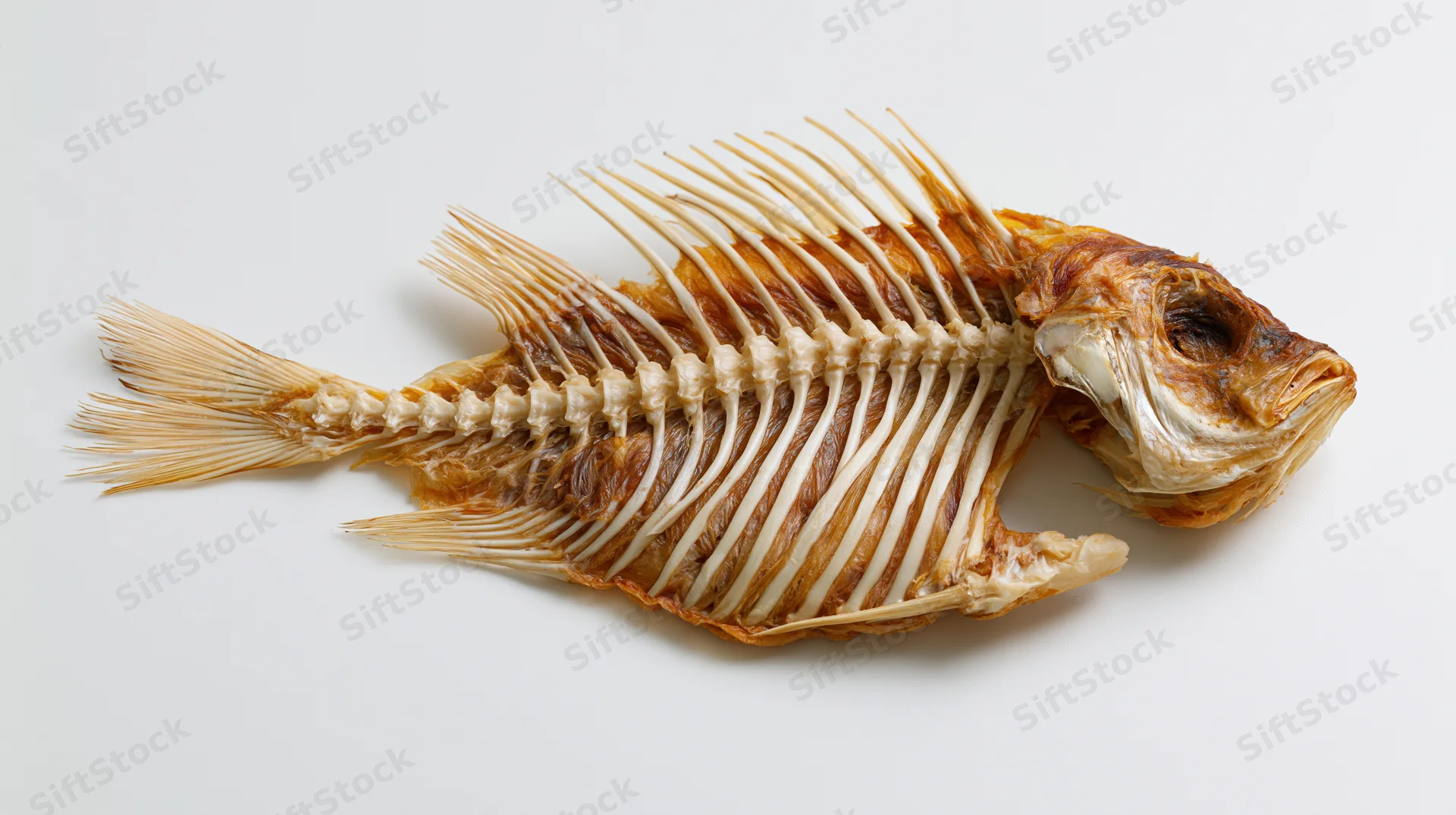 Dried fish skeleton with intact head and exposed bones lying flat on white background