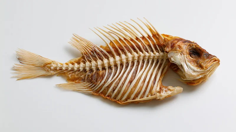 Dried fish skeleton with intact head and exposed bones lying flat on white background