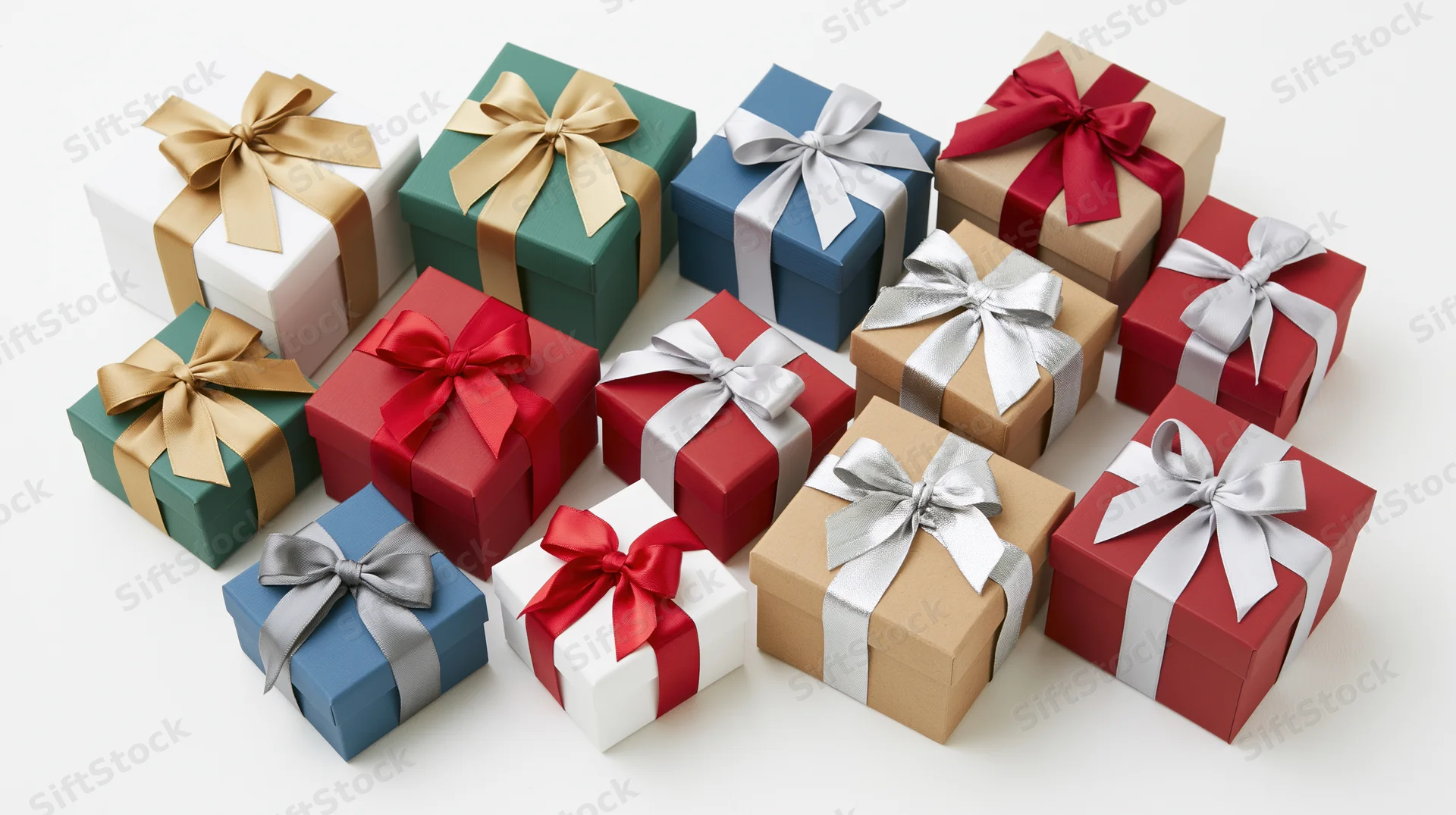 Assorted wrapped gift boxes arranged in flat lay on white background