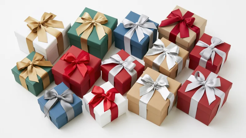 Assorted wrapped gift boxes arranged in flat lay on white background