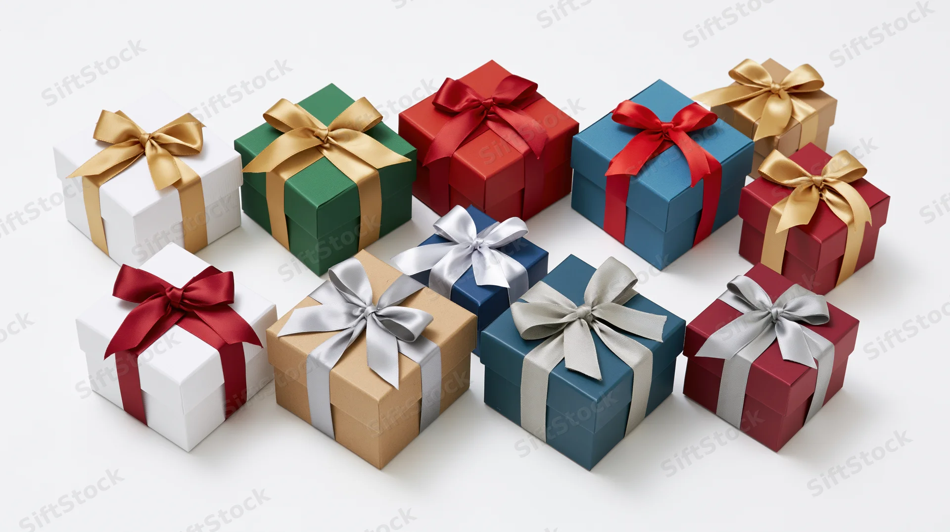 Assorted wrapped gift boxes arranged in a flat lay on white background