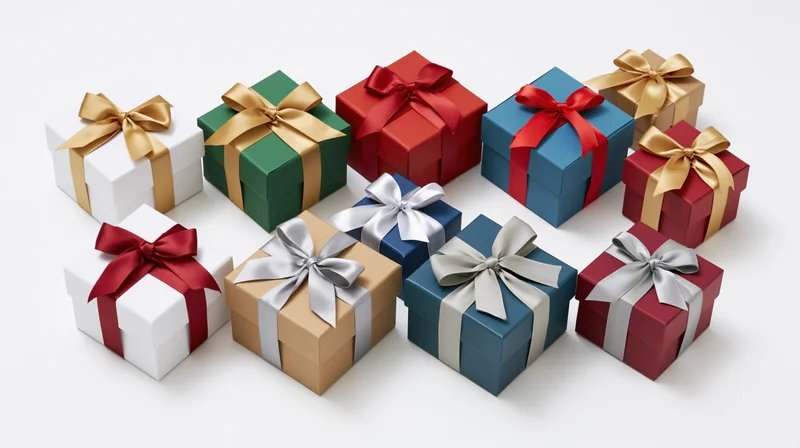 Assorted wrapped gift boxes arranged in a flat lay on white background