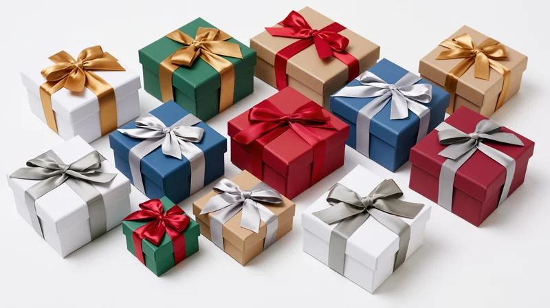 Assorted wrapped gift boxes arranged in a flat lay on white background