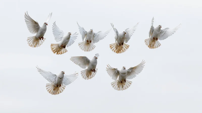 Flock of white doves in mid-flight against a soft overcast sky