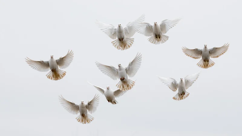 Flock of white doves in mid-flight against a pale sky