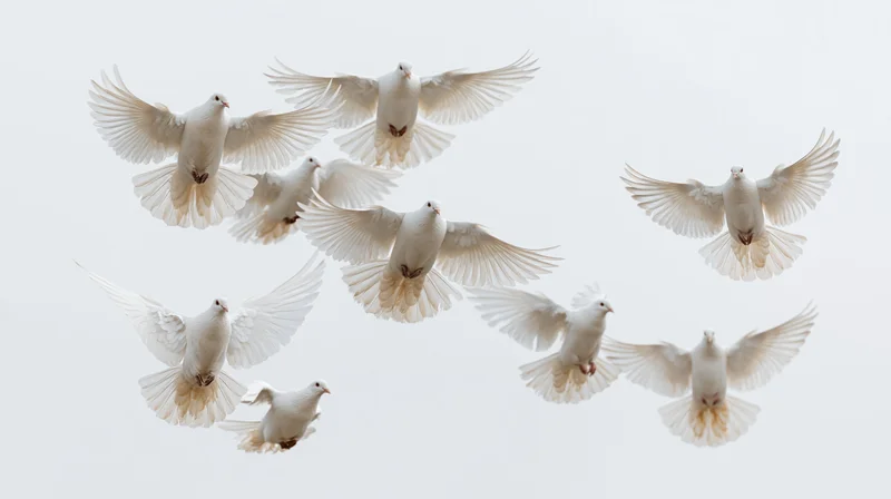 Flock of white doves in mid-flight against a soft overcast sky