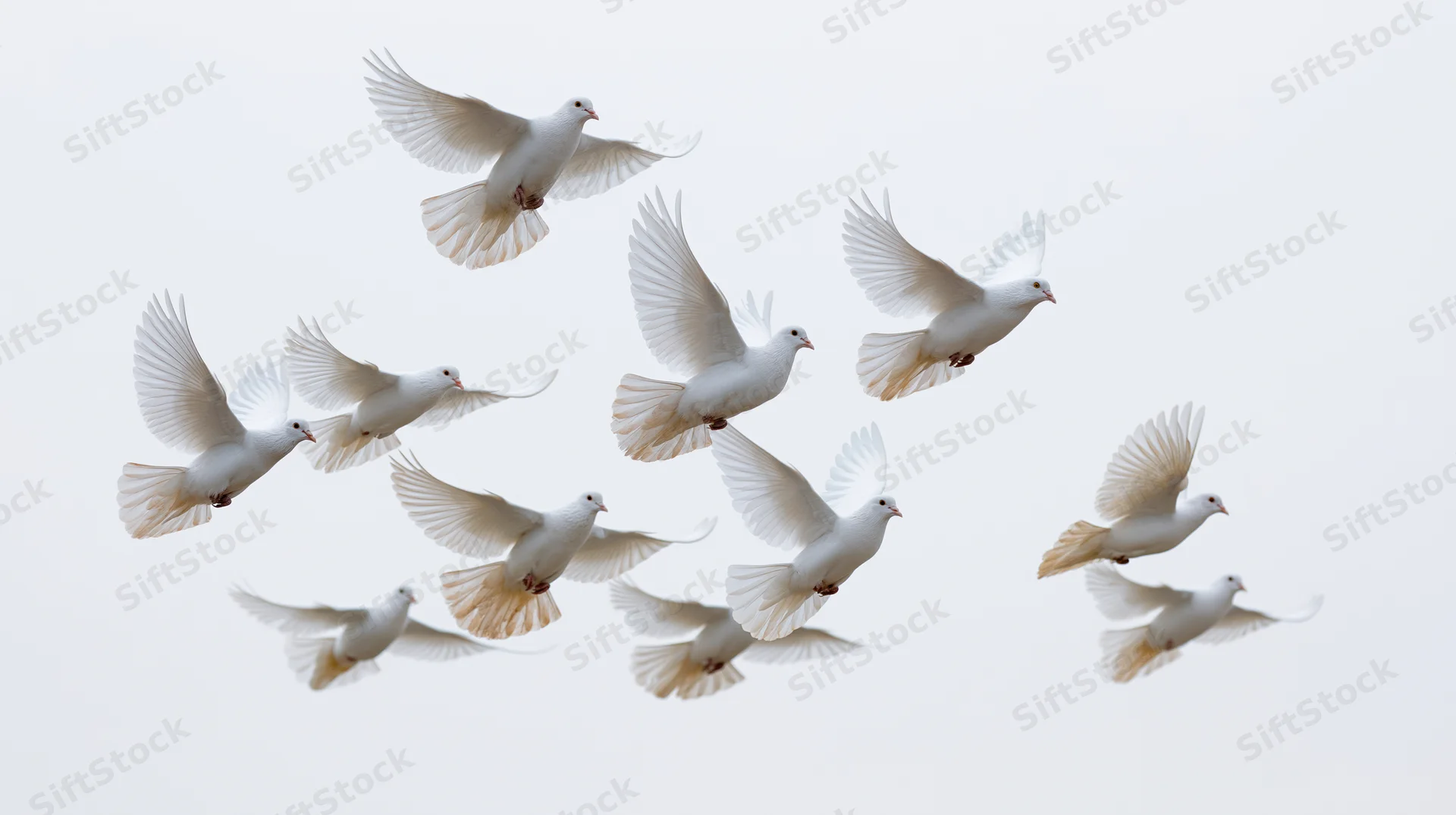 Flock of white doves in mid-flight against a light sky