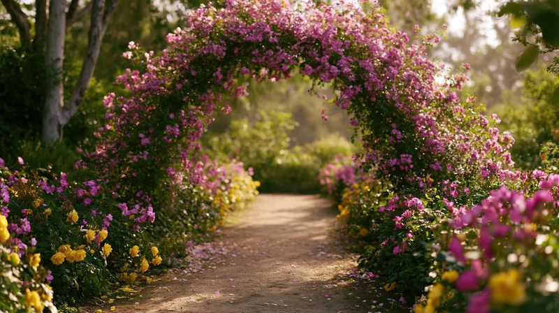 Flowering arch over a garden path lined with pink and yellow roses