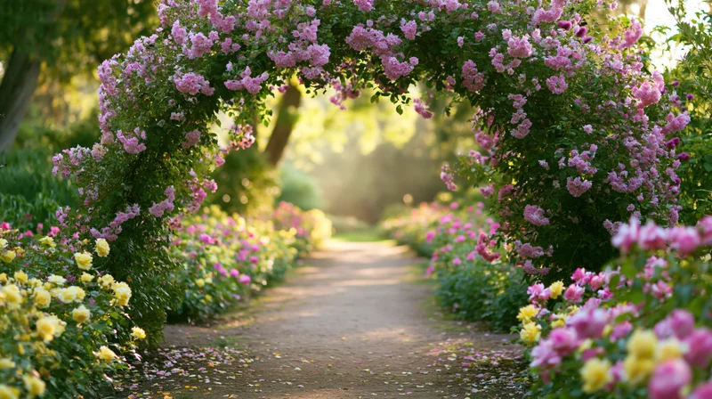 Flowering garden arch covered in pink roses framing a pathway in a lush green garden