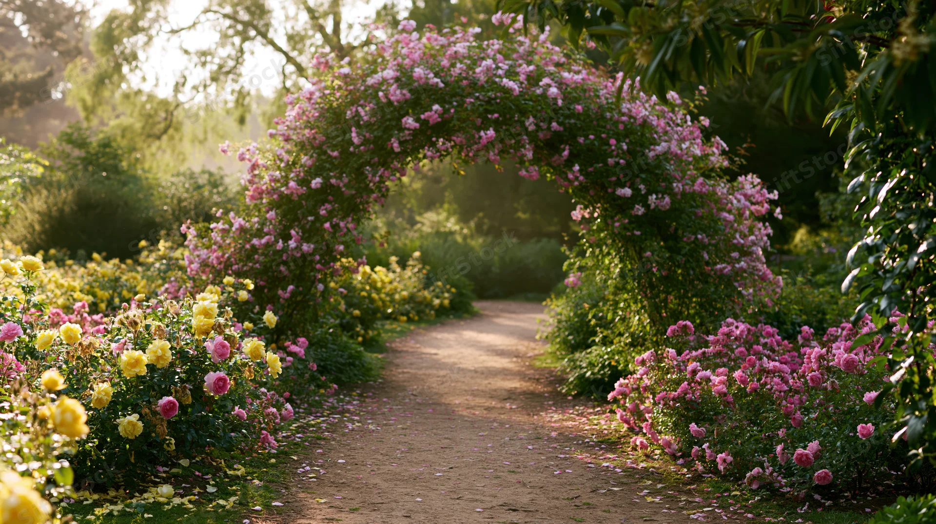 Flowering garden arch covered in pink roses framing a dirt pathway through lush greenery