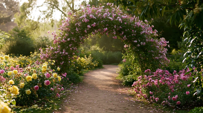 Flowering garden arch covered in pink roses framing a dirt pathway through lush greenery