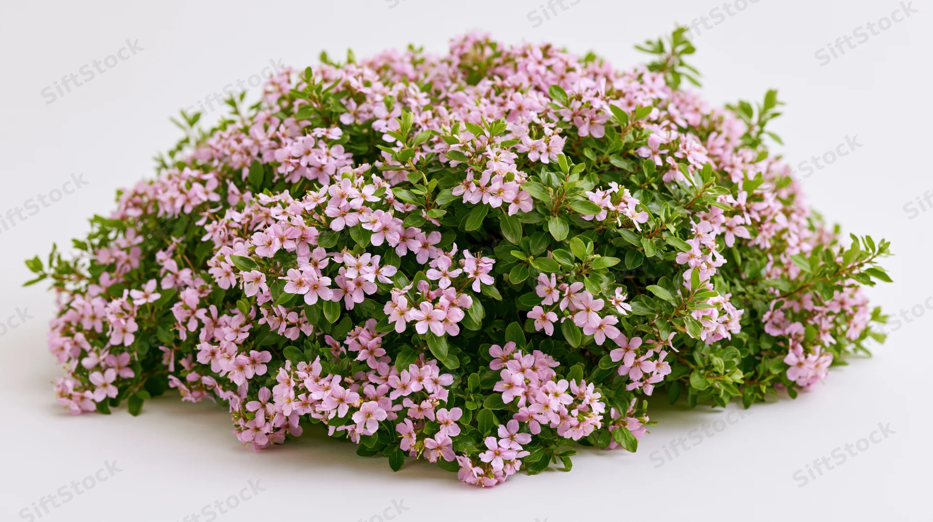 Flowering shrub with small pink blossoms and green leaves on white background