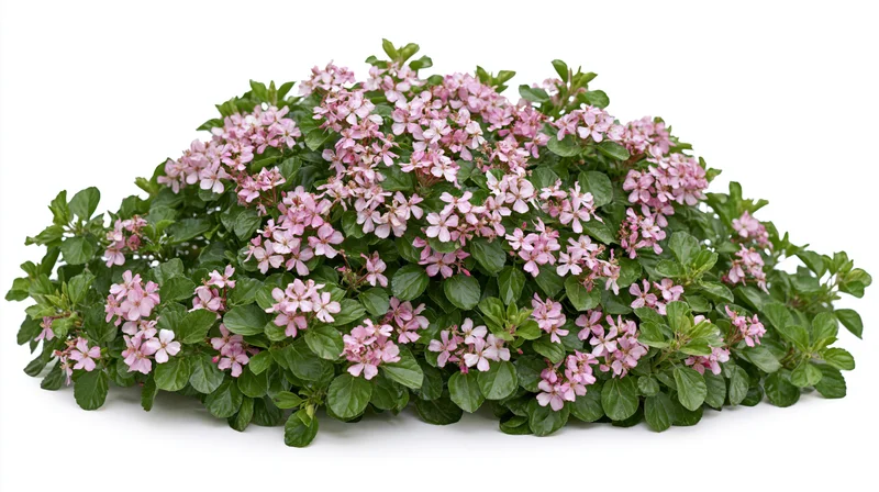 Flowering shrub with small pink blossoms and green leaves on white background