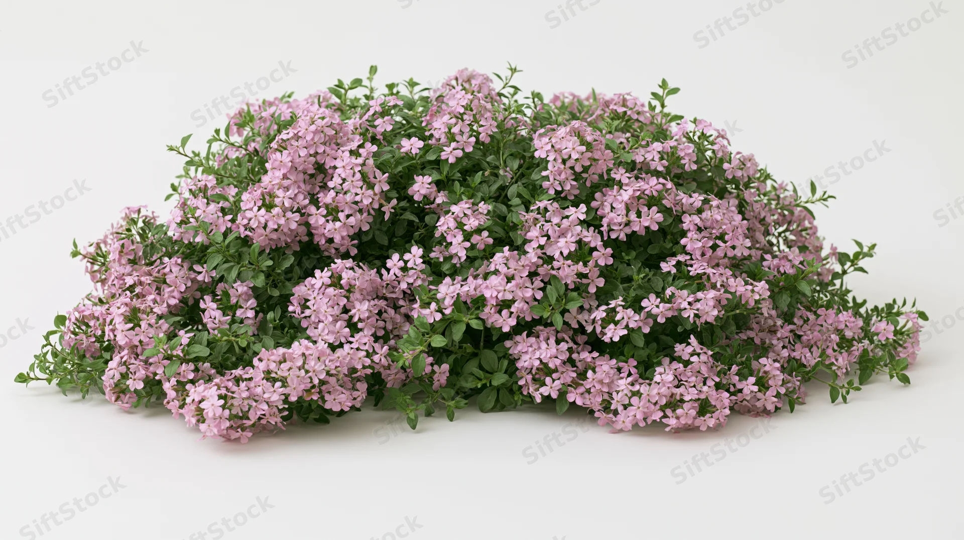 A dense bush of pink flowering thyme with green foliage on a white background