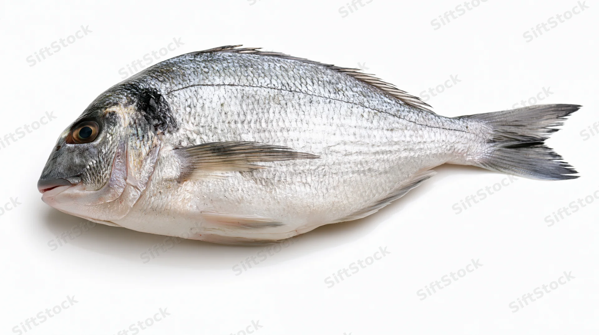 Whole fresh sea bream fish lying on its side on white background