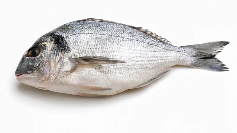 Whole fresh sea bream fish lying on its side on white background