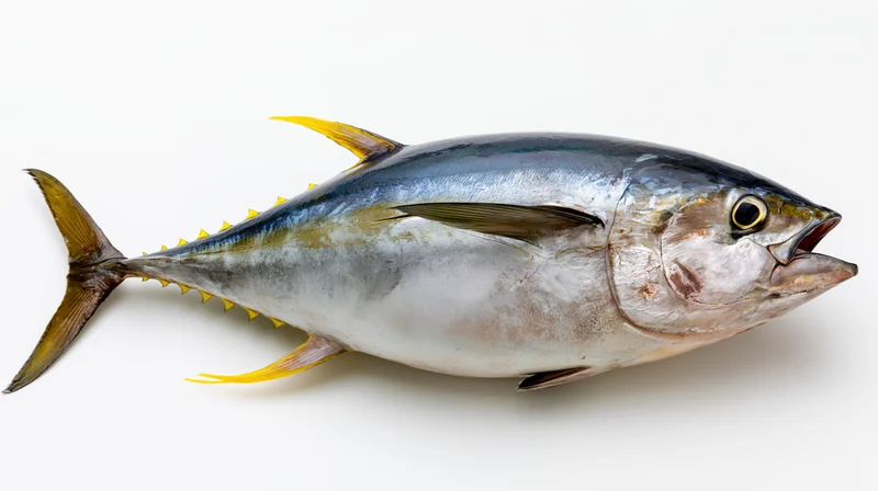 Whole yellowfin tuna in side profile on white background