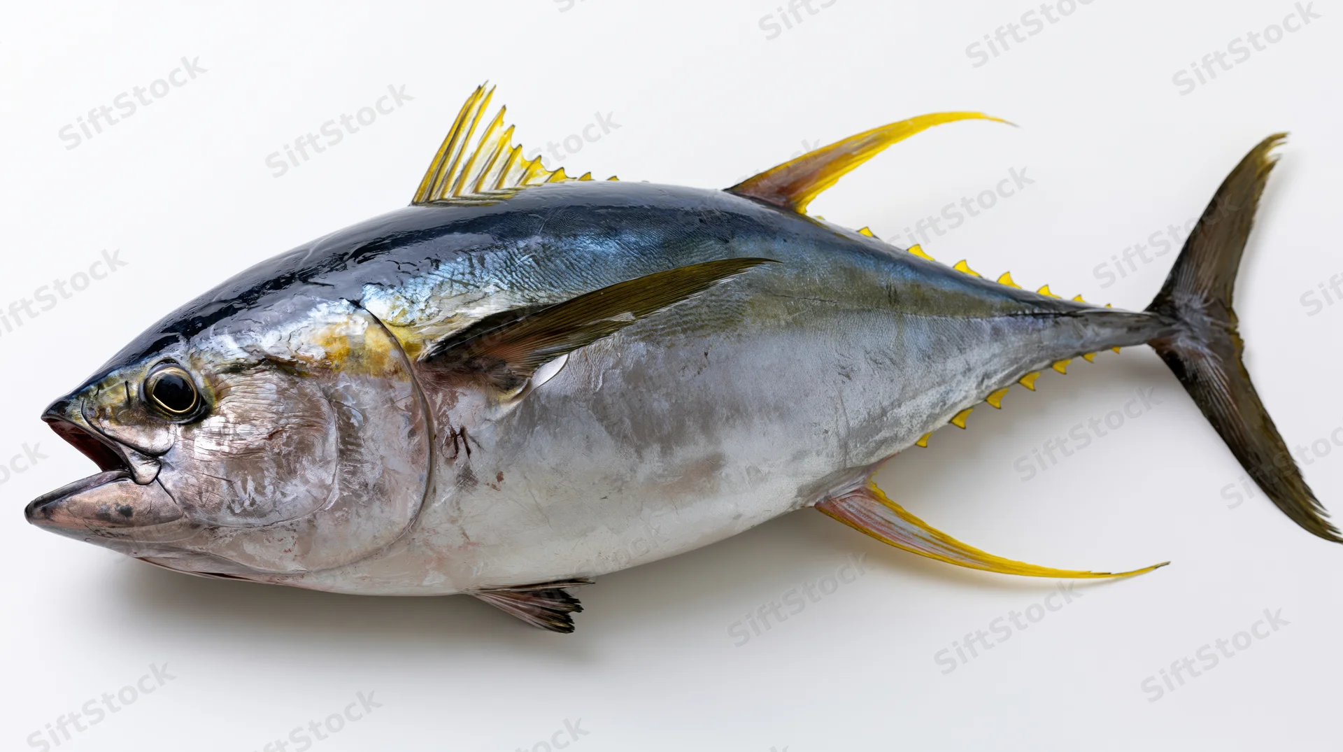 Whole yellowfin tuna in side profile on white background
