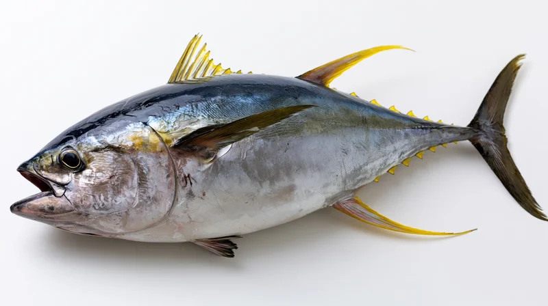 Whole yellowfin tuna in side profile on white background