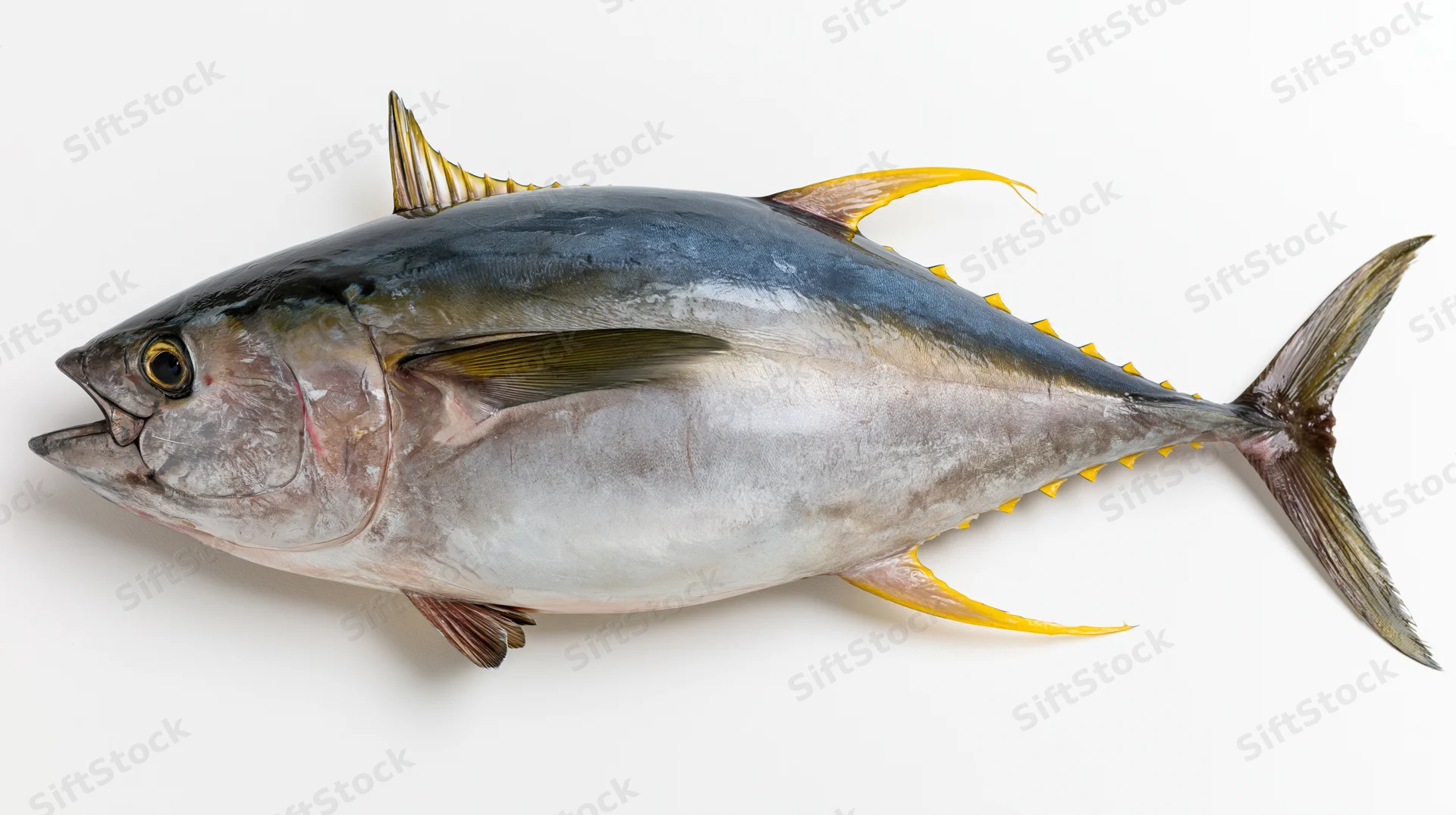 Whole yellowfin tuna in side profile on white background