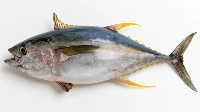Whole yellowfin tuna in side profile on white background