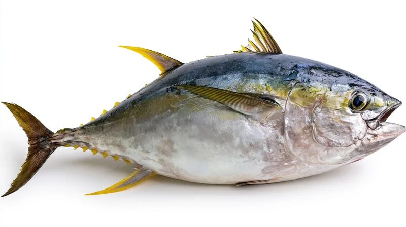 Whole yellowfin tuna in side profile on white background