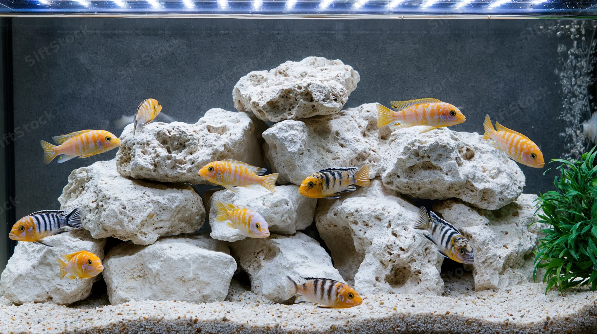 African cichlid fish swimming among rocks and plants in a freshwater aquarium tank