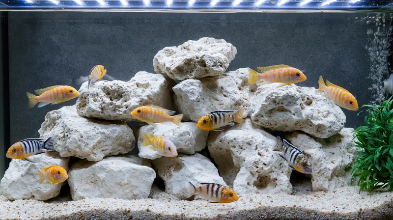 African cichlid fish swimming among rocks and plants in a freshwater aquarium tank
