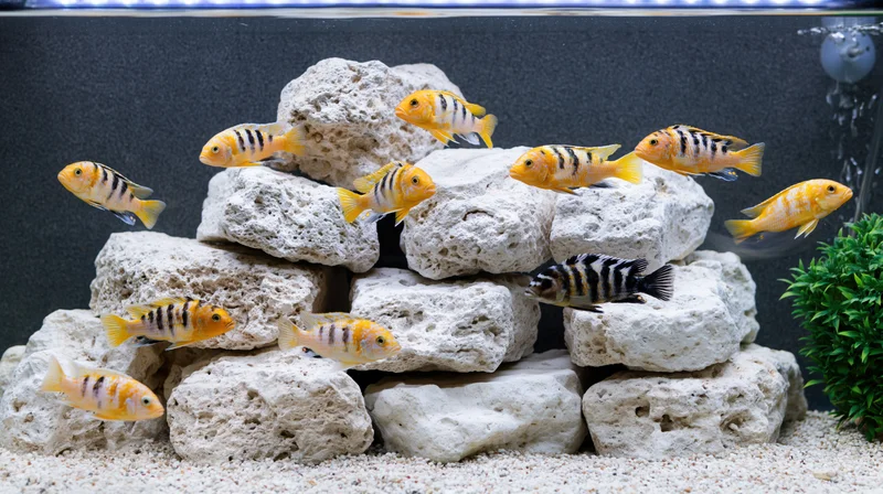 African cichlid fish swimming in a freshwater aquarium with coral rocks and sand substrate