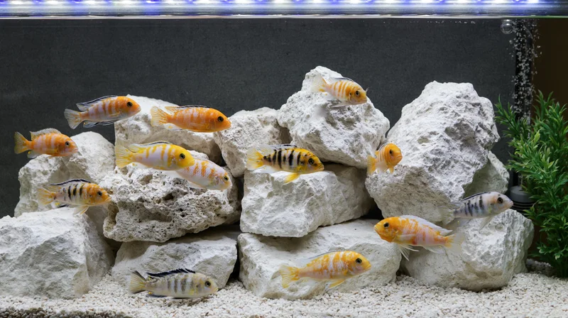 African cichlid fish swimming among white rocks in a freshwater aquarium tank
