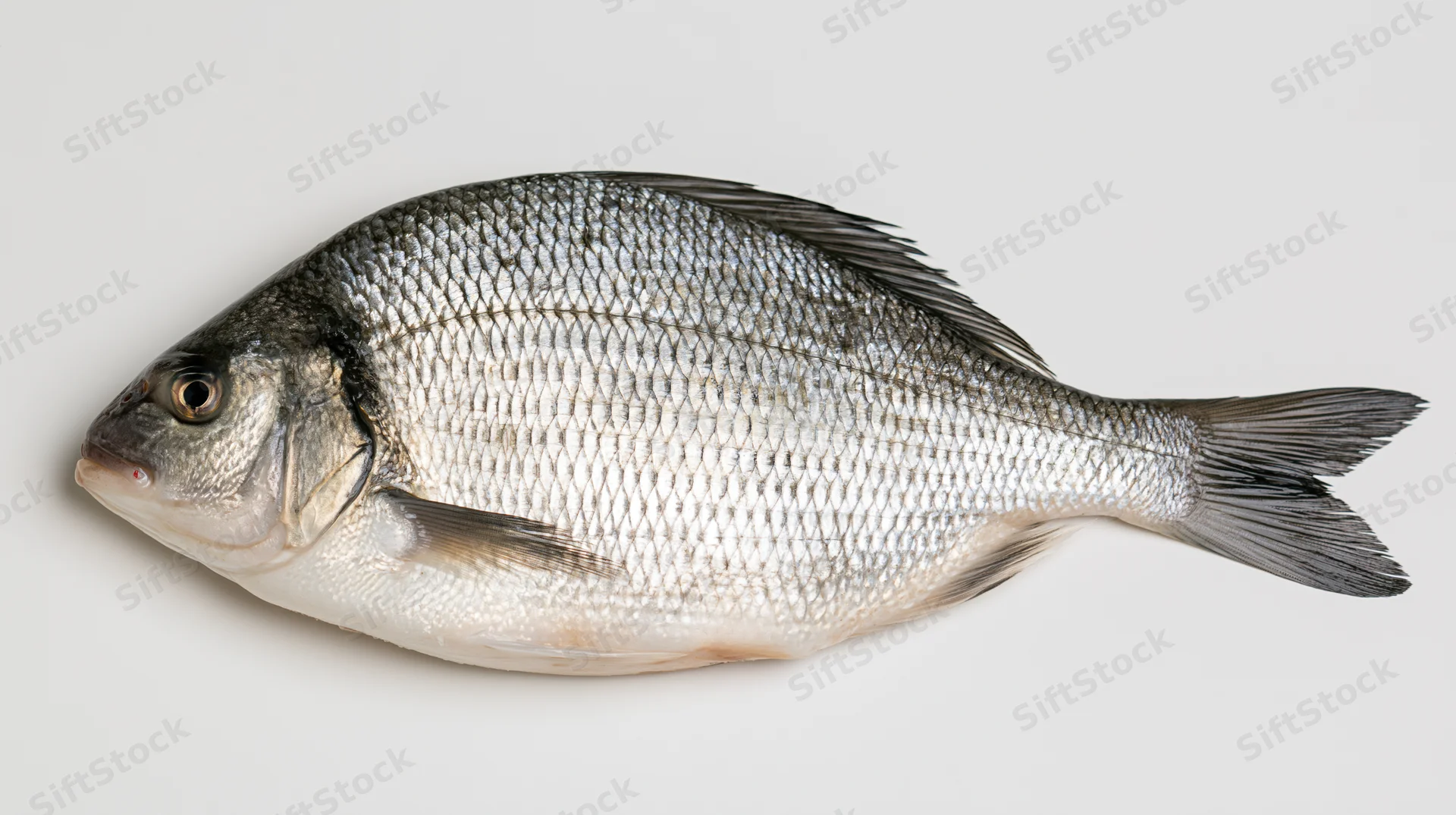 Whole freshwater bream fish lying on plain white surface in studio view