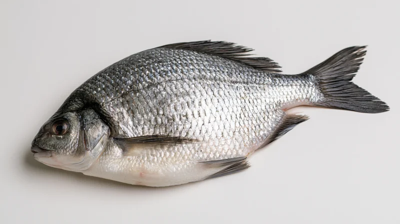 Freshwater bream fish lying on plain white surface in studio shot