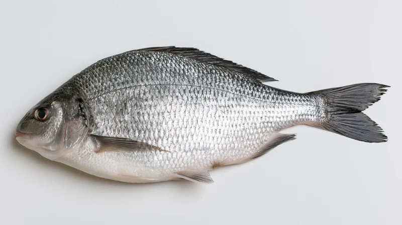 Whole freshwater bream fish lying on plain white surface in side profile view