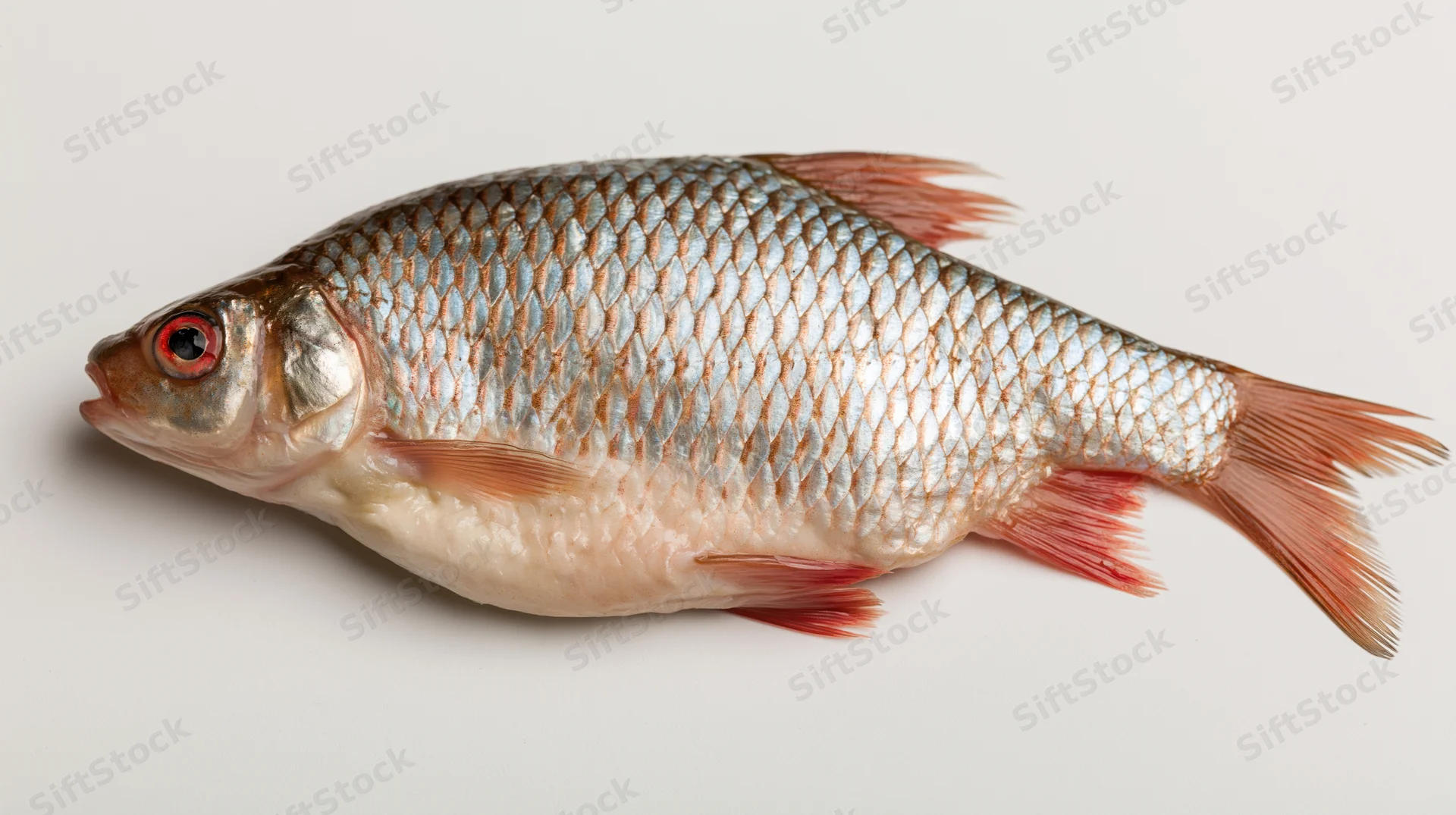 Freshwater cyprinid fish lying flat on a white surface