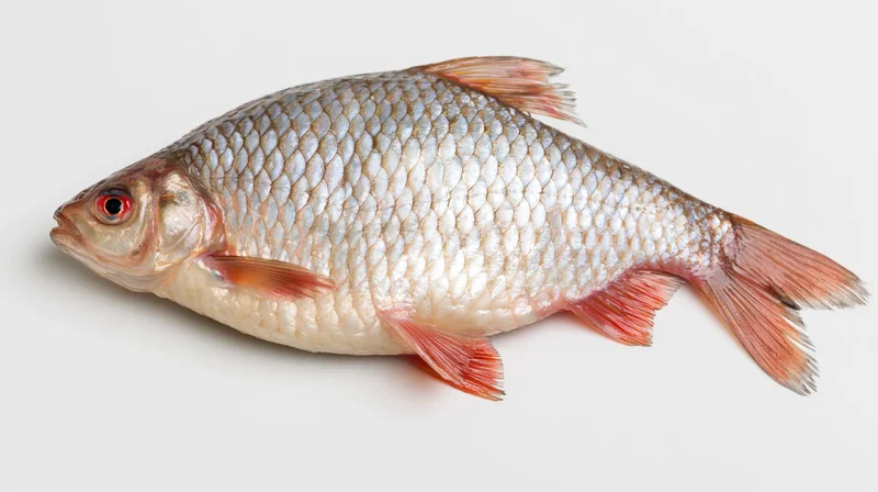 Freshwater cyprinid fish lying on its side on a white surface