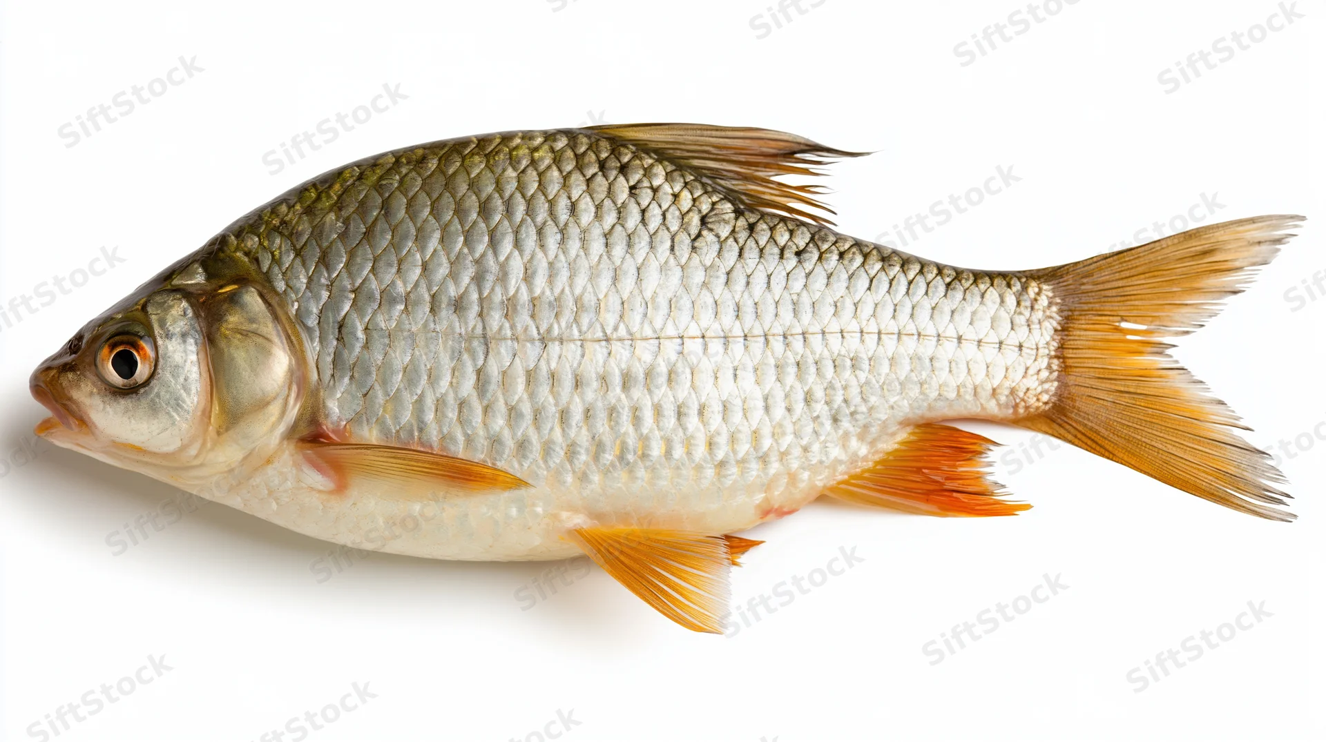 Freshwater roach fish in full side view isolated on white background
