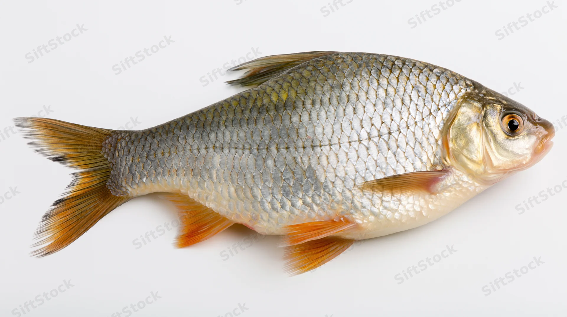 Freshwater roach fish shown in full side view against white background