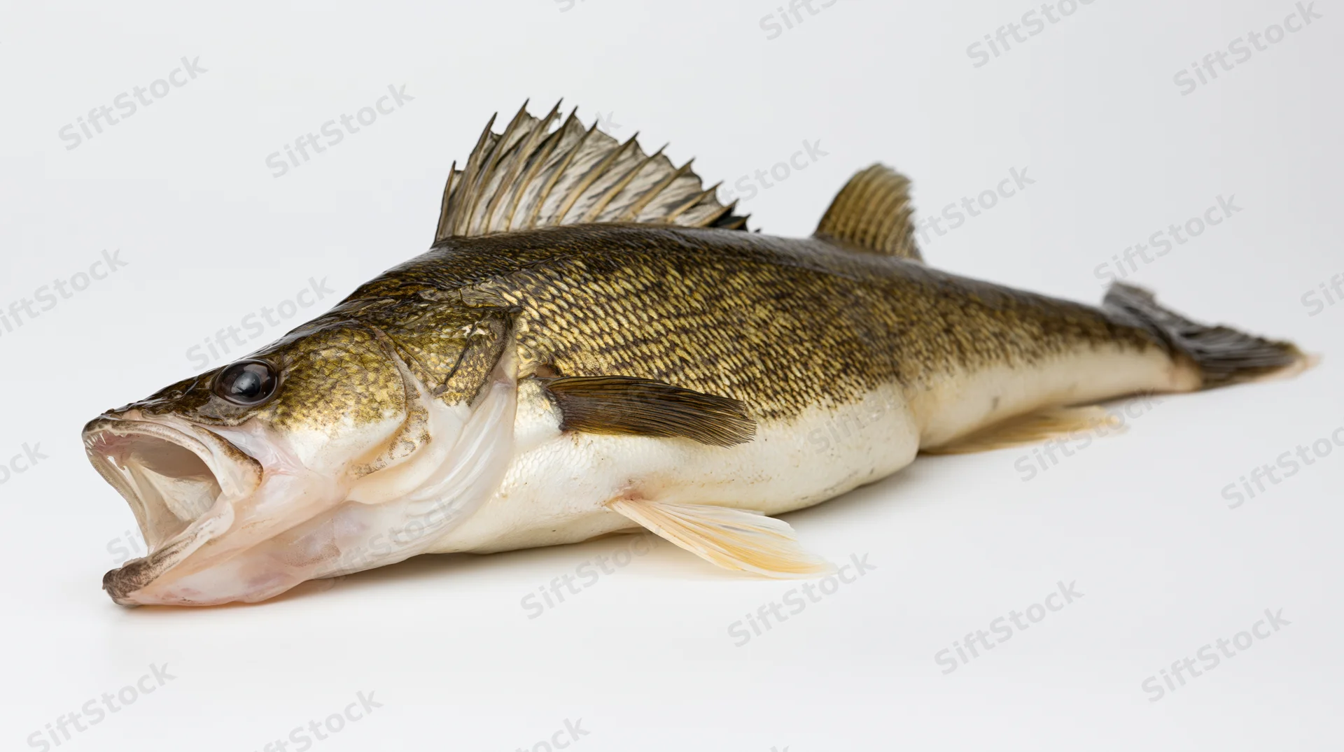 Walleye fish lying on white surface with open mouth and visible fins