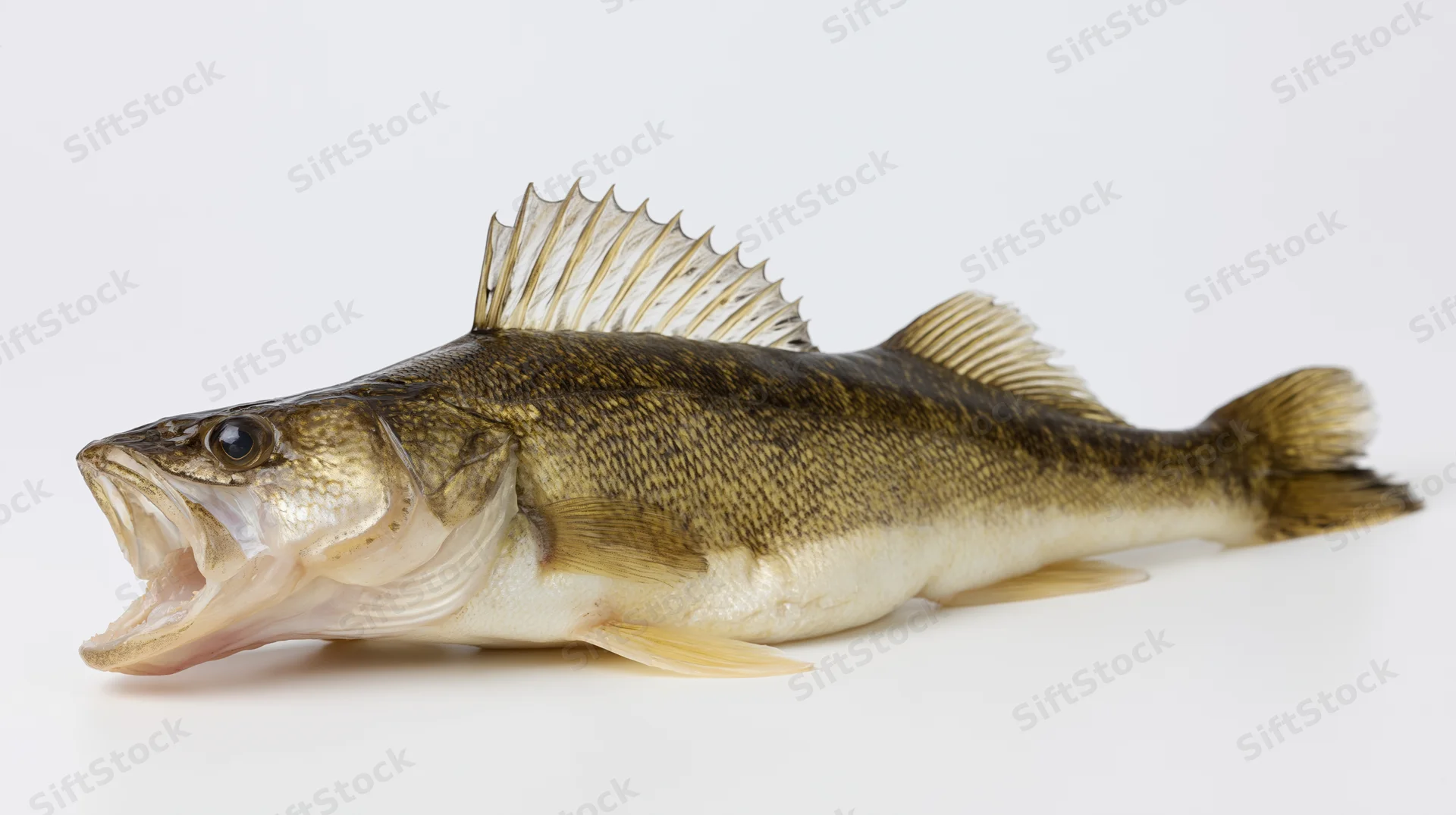 Walleye fish with open mouth lying on white surface