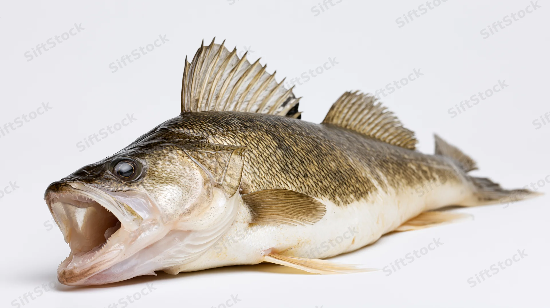Walleye fish with open mouth lying on white surface