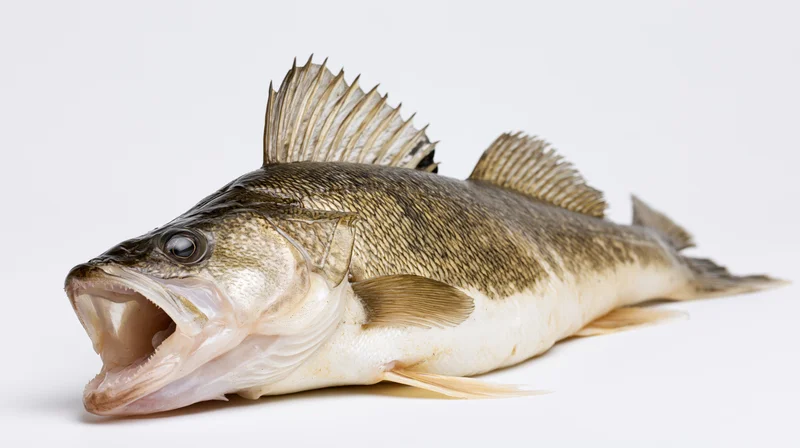Walleye fish with open mouth lying on white surface