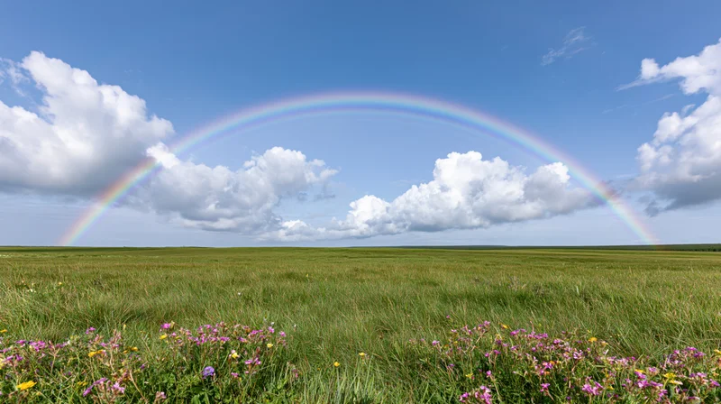 Double rainbow arching over a wide green meadow with wildflowers under a partly cloudy sky