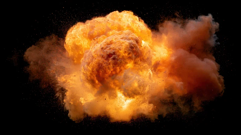 Glowing fireball exploding in mid-air against black background